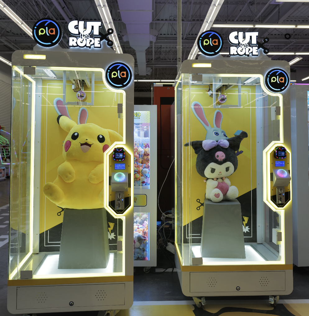 Claw machines stocked with Pikachu and bunny plush